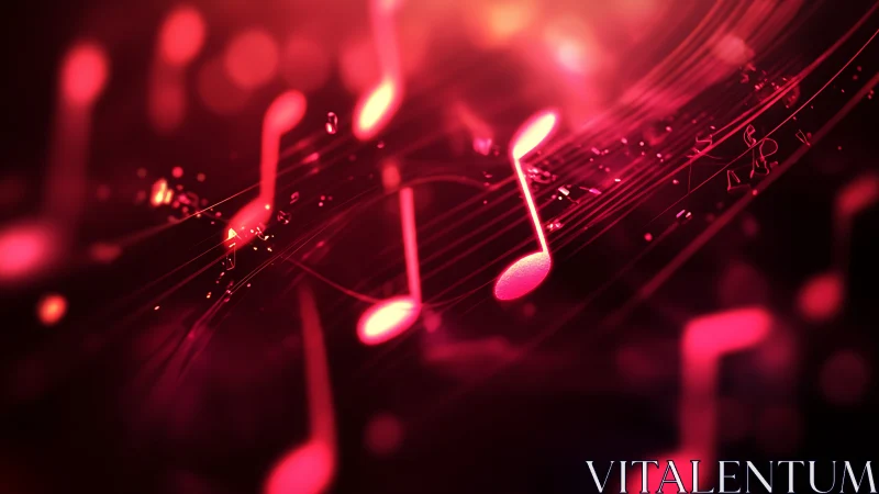 Glowing red music notes float through abstract digital space.