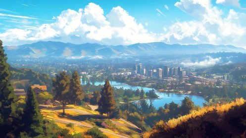 Layered valley cityscape integrates lakes, midrises and haze depth