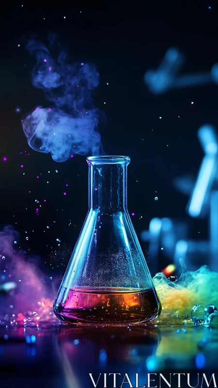 Photorealistic lab flask with neon vapor and chemical splash.