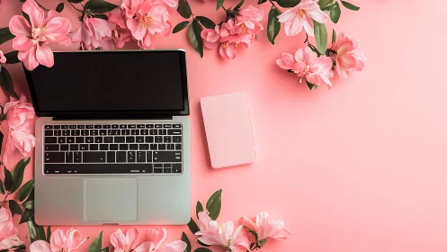 Laptop and pastel notebook framed by pink spring florals.