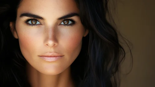 Confident Woman with Dark Hair in Natural Light Portrait.