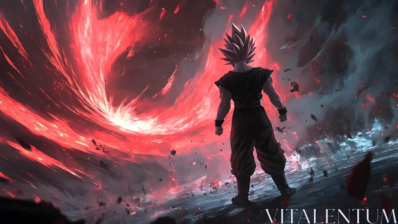 Lone warrior greeting a storm of red cosmic fire.