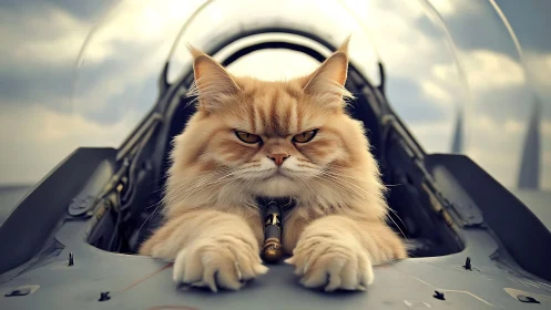 Fluffy Cat Pilot Commands the Cockpit with Adorable Authority.