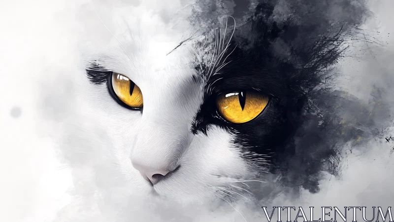 Split-Face Cat Portrait with Striking Yellow Eyes.