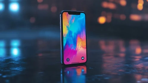 Smartphone with Vibrant Gradient Wallpaper on Dark Surface