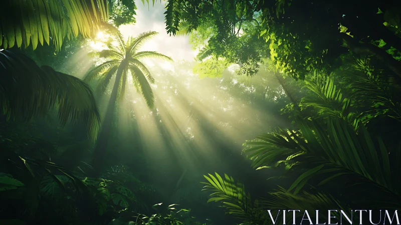 Sunlit jungle canopy with palm trees and dense foliage.