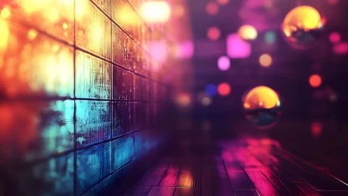 Vibrant abstract wall and orbs in colorful neon lighting scene.