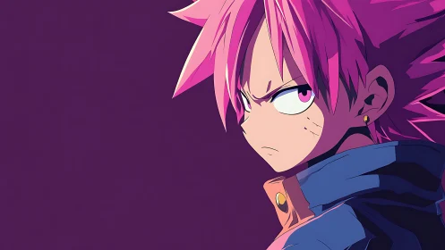 Pink-haired anime fighter in side profile against violet.