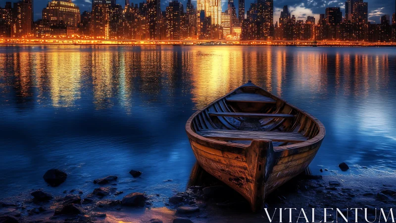 Lonely wooden boat rests quietly before a glowing city skyline