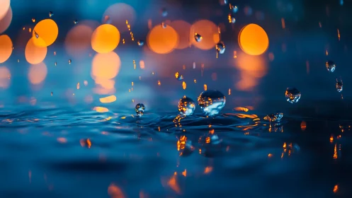 Glowing raindrops dance on water against dreamy city lights