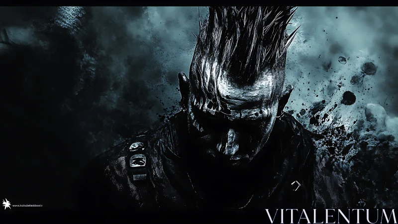 Brooding punk warrior shrouded in splattered shadow storm.