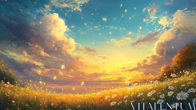 Sunset over daisy meadow under expansive cloud-filled sky.