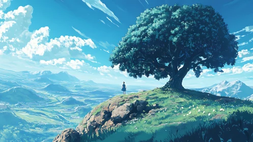 Solitary girl beneath sprawling hilltop tree at horizon.