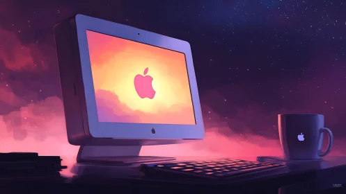 Apple desktop glows against cosmic sky in digital workspace