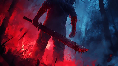 Bloodied warrior stalks a haunted forest of red and blue dread