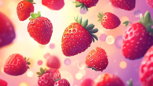 Floating strawberries rendered with soft bokeh and high-gloss shading