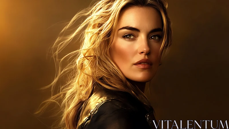 Golden backlit portrait of blonde woman in leather jacket.