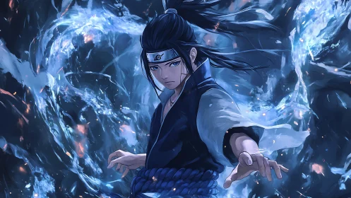 Stormlit ninja channels swirling water and quiet power.