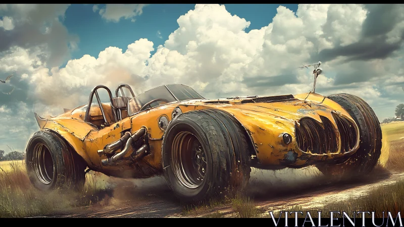 Sunburnt wasteland roadster roars beneath wild summer clouds.