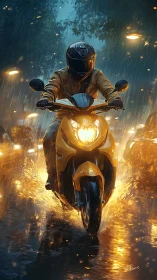 Rain-slashed scooter comet slicing through molten streetlight.