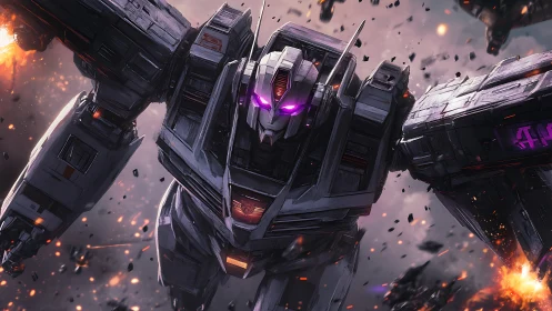 Large armored mecha moves forward through airborne debris field