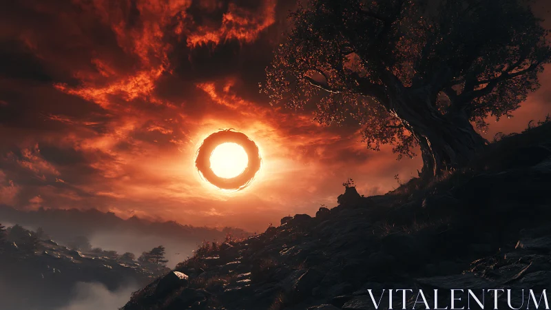 Ringed solar anomaly ignites a dramatic twilight hillside sky