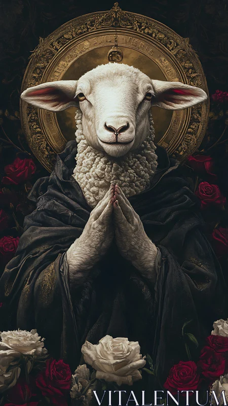 Sacred lamb portrait with gilded halo and roses below.