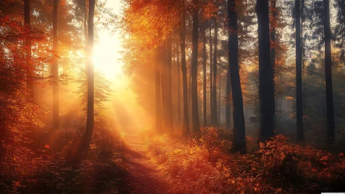 Golden Sunlight Breaking Through Autumn Forest Canopy.