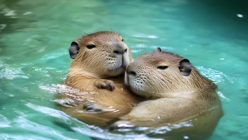 Two capybaras float closely together in turquoise pool