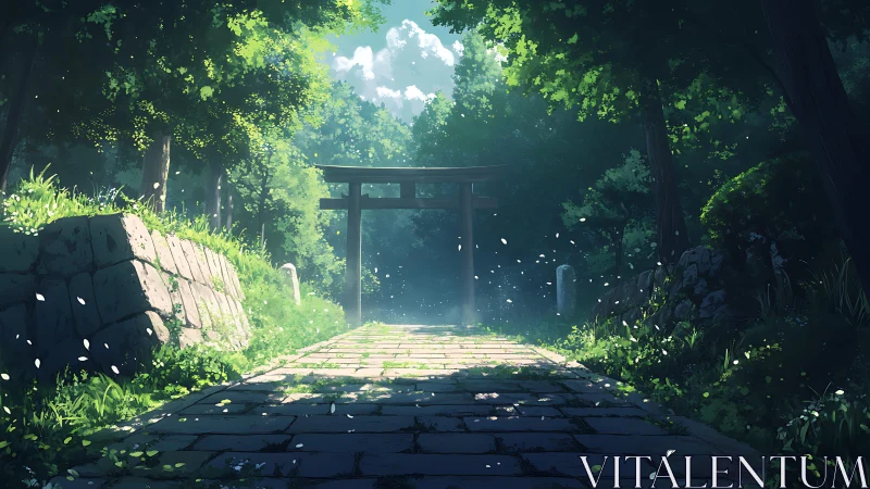Sunlit shrine pathway where drifting petals guard quiet secrets.