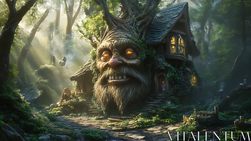 Sentient tree cottage in luminous enchanted forest grove.