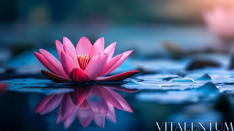 Lotus glow drifting over midnight-blue mirror water.