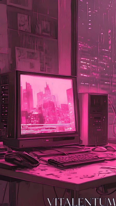 Retro desktop workstation in neon pink urban interior.