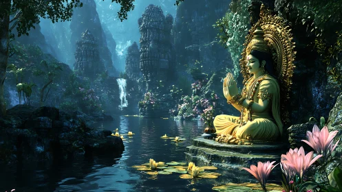 Golden goddess statue rests in a luminous jungle sanctuary.