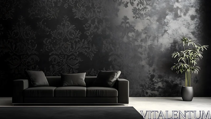 Monochrome living room shows dark sofa and patterned wall