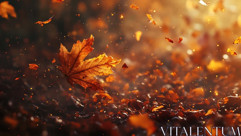 Sunlit maple leaf swirling through glowing autumn air.