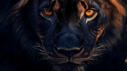 Black Lion Portrait with Luminous Amber Eyes