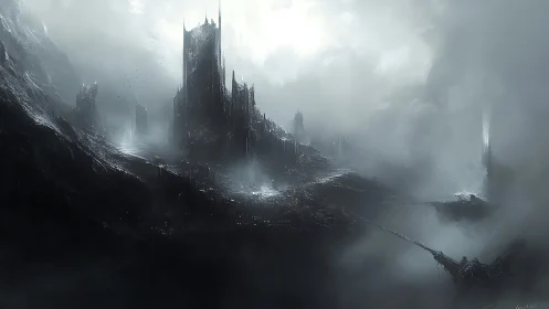Monolithic dark citadel looms through fractured storm fog