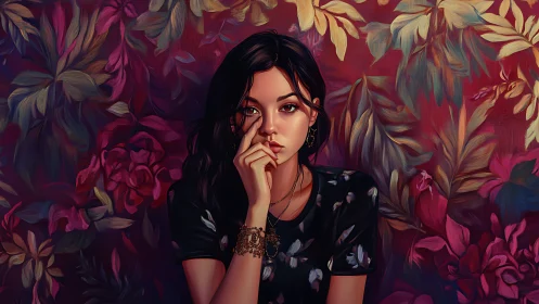 Melancholic woman rests amid lush crimson floral tapestry