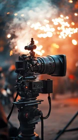 Cinema camera on fluid head tripod captures pyrotechnic bokeh