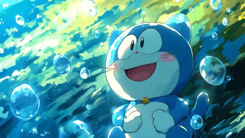 Blue robot cat drifts through sunlit water dreams