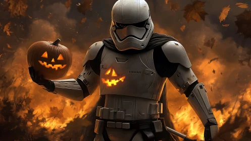 Pumpkin-armed space trooper proudly patrols fiery autumn night