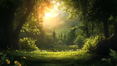 Forest river valley framed by tree canopy with golden light.