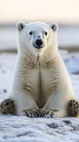 Polar bear seated on snowy ground facing camera calmly.