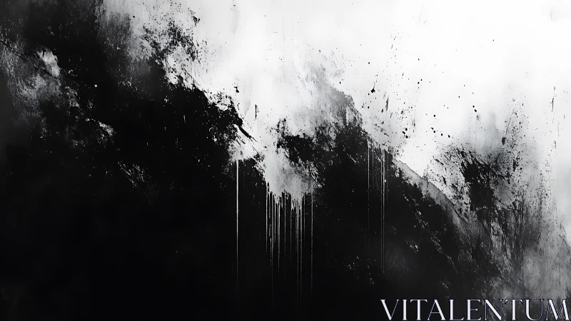 Monochrome abstract splatter with vertical black drips.