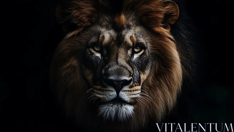 Close-up portrait of a male lion in deep shadow light.