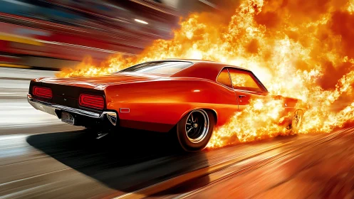 Red muscle car accelerates with massive explosion flames behind