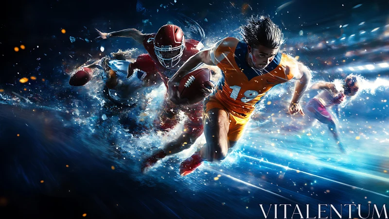 Blazing gridiron sprinters collide in a storm of stadium light.