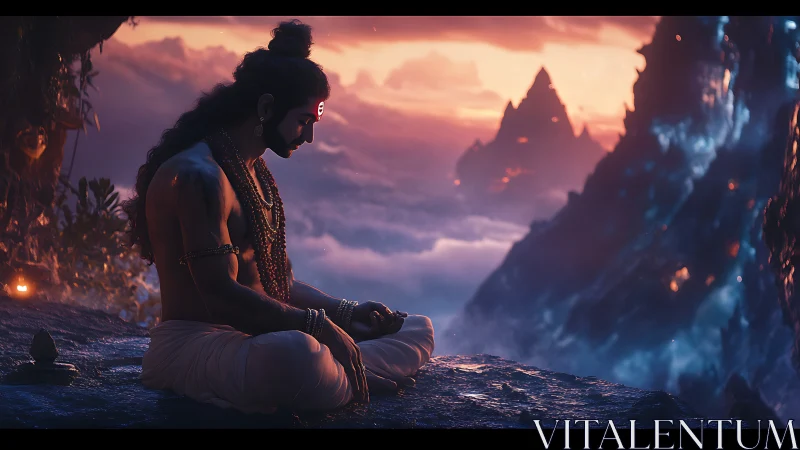 Meditating sage overlooks glowing mountains at stormy dusk