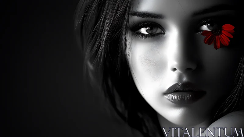 Monochrome female portrait contrasts single red flower accent